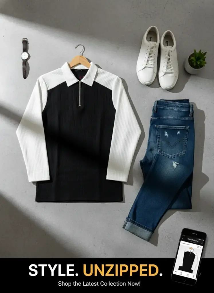 Two-Tone Zip Polo Black